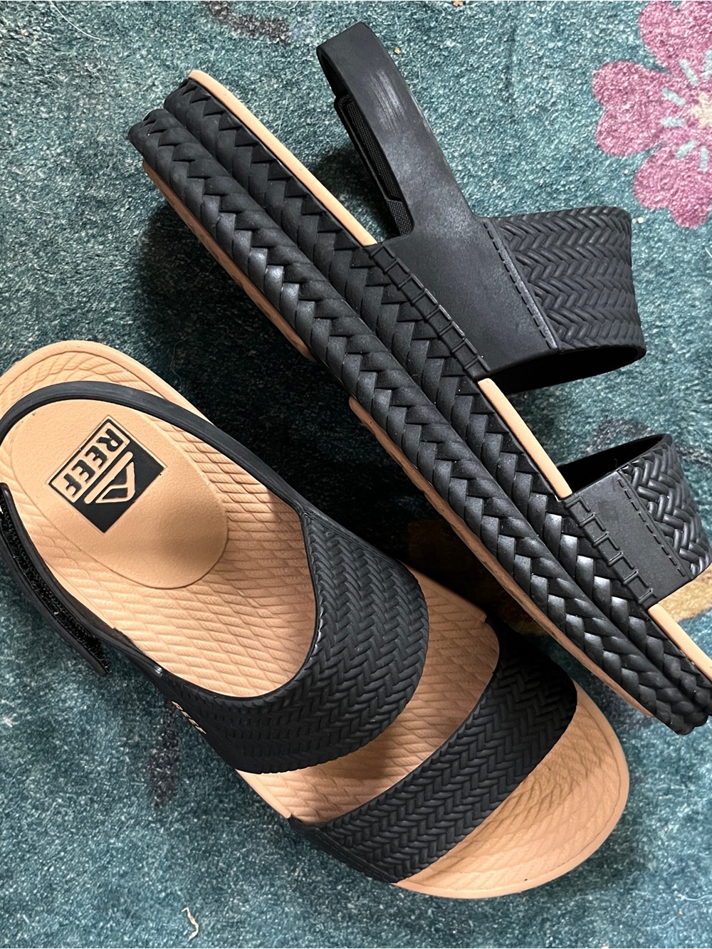 Reef Black and Tan Double-Strap Slide Sandals